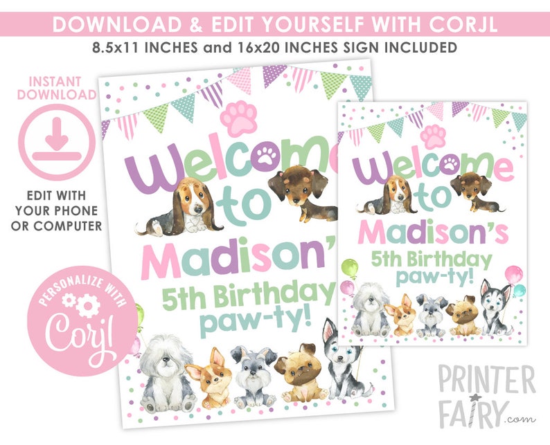 Puppy Welcome Sign, Dog Birthday Party Decorations, Pet Adoption Party, Paw-ty Birthday, Puppy Party Decorations, Dog Sign, INSTANT DOWNLOAD image 1