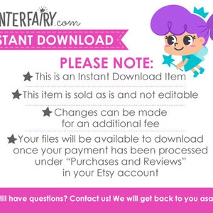 K&ouml;nnte beinhalten: Rosa und wei&szlig;er Text auf rosa Hintergrund mit einer Comic-Feenfigur. Der Text lautet "PRINTERFAIRY.com SOFORTIGER DOWNLOAD BITTE BEACHTEN: Dies ist ein sofort herunterladbarer Artikel Dieser Artikel wird wie besehen verkauft und ist nicht bearbeitbar &Auml;nderungen k&ouml;nnen gegen eine zus&auml;tzliche Geb&uuml;hr vorgenommen werden Ihre Dateien stehen zum Download bereit, sobald Ihre Zahlung verarbeitet wurde unter "K&auml;ufe und Bewertungen" in Ihrem Etsy-Konto Haben Sie noch Fragen? Kontaktieren Sie uns! Wir werden uns so schnell wie m&ouml;glich bei Ihnen melden"
