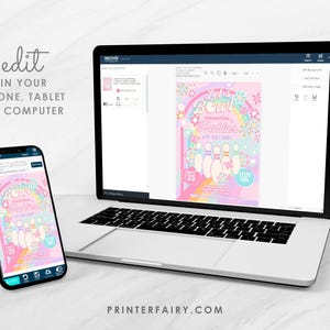 May include: A laptop and smartphone display a colorful bowling-themed birthday party invitation. The invitation features a rainbow, bowling pins, and the text "Let's Bowl!" with the name "Maddies" and other details. The phrase "edit in your phone, tablet or computer" is also visible.