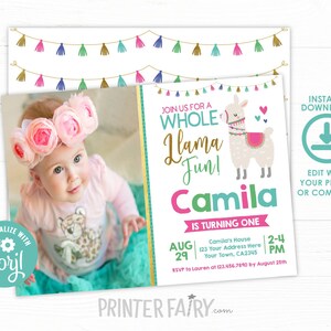 Llama Birthday Invitation with photo, EDITABLE, Llama Birthday Party, Alpaca Invitation, Llama Fun Invitation, INSTANT DOWNLOAD