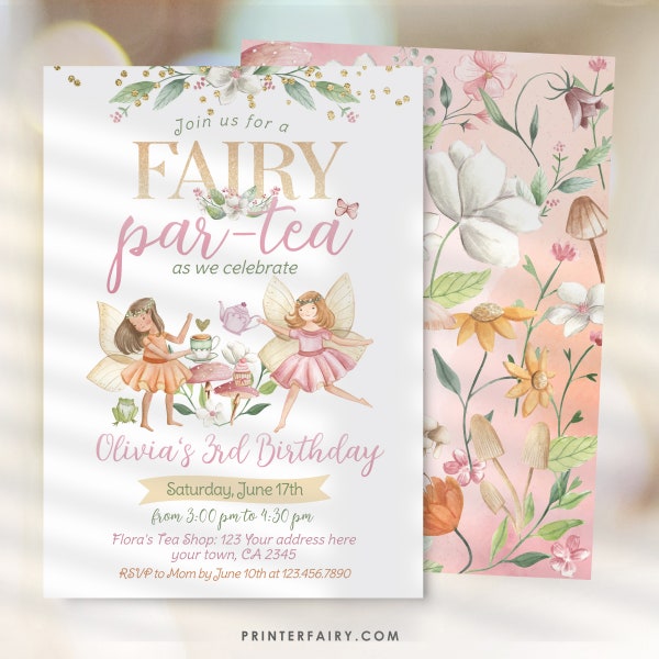 Editable Fairytale Partea Birthday Invitation, Whimsical Fall Birthday Invite, Autumn Garden Fairy Tea Party Floral for Girls, Magical Party