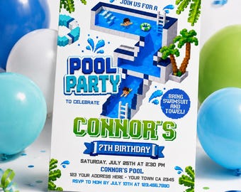 Pixel Pool 7th Birthday Party Invitation, Editable Video Game Invite Template, INSTANT DOWNLOAD