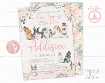 Bunny Birthday Invitation, Some Bunny Editable Invitation, Pet Adoption Party Invitation, Spring Invitation, INSTANT DOWNLOAD