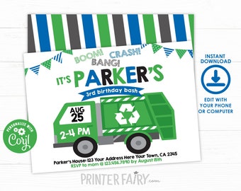 Editable Trash Truck Invitation, Trash Truck Party, Recycle Birthday party, Garbage Truck Invitation, Trash Truck Invite, INSTANT DOWNLOAD