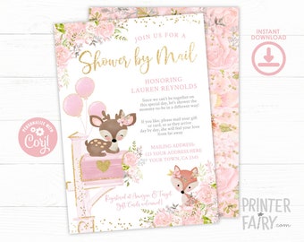 Woodland Baby Shower by Mail Invitation, EDITABLE, Woodland Baby Shower, Virtual Baby Shower, Mail Baby Shower Invite, Instant Download