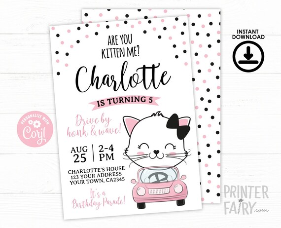 EDITABLE Kitty Cat Drive By Birthday Invitation, Pet Adoption Birthday Party, Drive By Cat Party, Birthday Parade, INSTANT DOWNLOAD Il_570xn