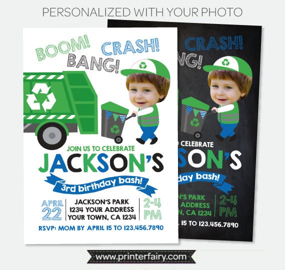 Trash Truck Invitation with Photo, Gargabe Truck Birthday Party, Recycle Birthday Invitation, Personalized Digital Invitation, 2 Options Il_570xn