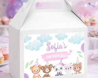 Bear Birthday Party Favor Gable Box Label Editable Template, INSTANT DOWNLOAD