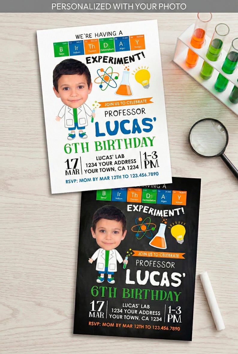 Science Birthday Invitation with Photo (Digital Invitation) image 1