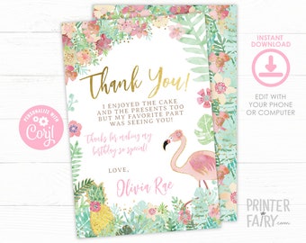 Flamingo Thank You Cards, EDITABLE, Flamingle Birthday Party, Tropical Birthday Decorations, INSTANT DOWNLOAD