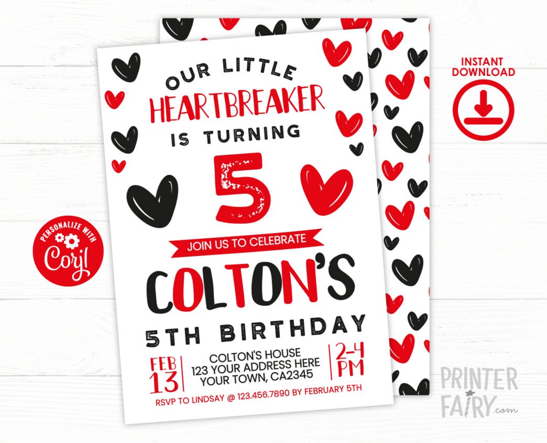 Valentines Birthday Invitation, EDITABLE, Little Heartbreaker Party