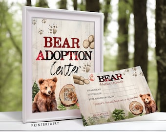 Adopt a Bear, Lumberjack Bear Adoption Certificate and Sign, Editable Baby Bear Birthday Party Games, Woodland Pet Adoption, Printables