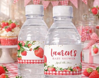 Strawberry Baby Shower Water Bottle Labels, Editable Party Decor (Digital Download)