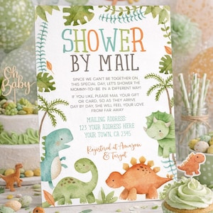 Invito per baby shower a tema dinosauri, modello modificabile, download immediato.