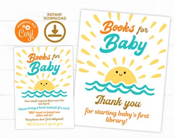 Here Comes The Sun Books for Baby, Instant Download, Baby Shower Card Boho Sunshine Party Printable Template, Here Comes The Sun Baby Shower