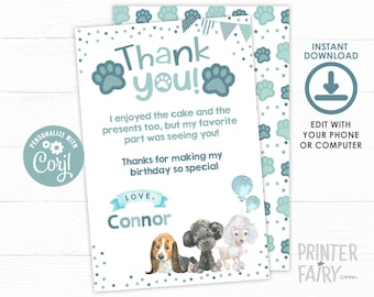 Puppy Thank You Cards, Pawty Thank You Notes, Dog Birthday Party, Pet Adoption Party , Paw-ty Birthday, Dog Thank You Card, INSTANT DOWNLOAD