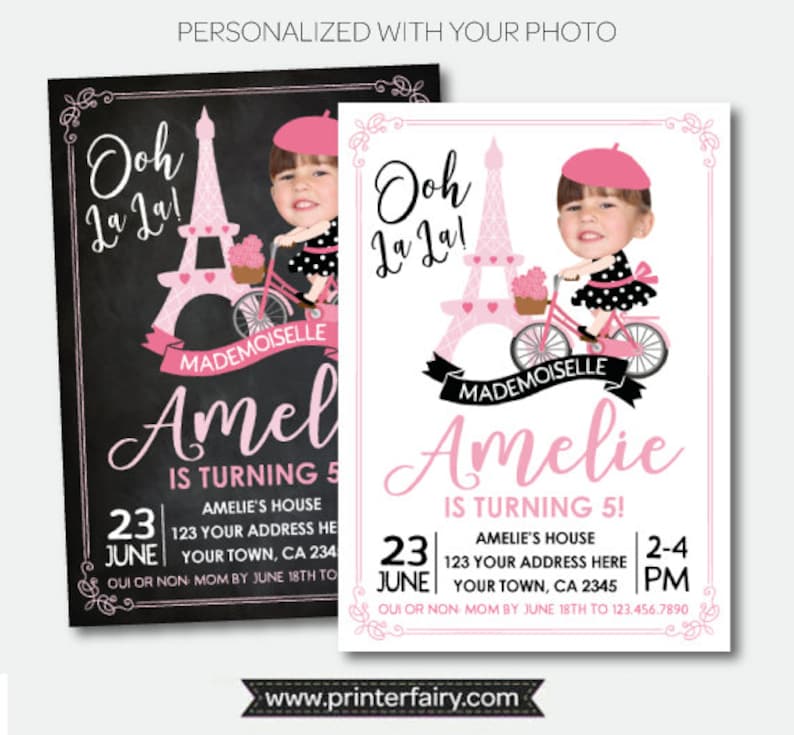 Paris Birthday Invitation with Photo, Bicycle Party, Paris theme Party, Pink and black Invitation, Digital, 2 Options image 1