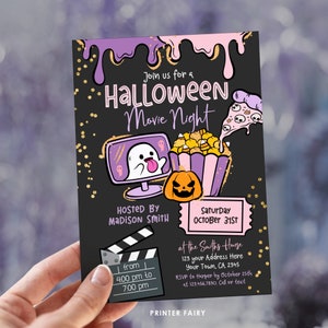 May include: Purple and black Halloween movie night invitation with a ghost on a computer screen, popcorn, pizza, and a pumpkin. The invitation says "Join us for a Halloween Movie Night" and includes the date, time, and location. RSVP by 25th October.