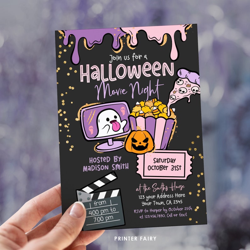 May include: Purple and black Halloween movie night invitation with a ghost on a computer screen, popcorn, pizza, and a pumpkin. The invitation says "Join us for a Halloween Movie Night" and includes the date, time, and location. RSVP by 25th October.