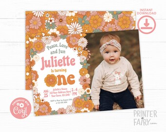 Verjaardagsuitnodiging hippie bloemen, Retro Groovy One (bewerkbaar, direct downloaden)