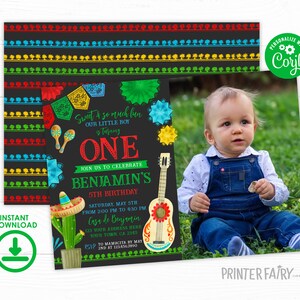 Fiesta First Birthday Party Invitation with Photo, Editable Mexican Fiesta Invitation, Fiesta Decorations, Cinco de Mayo Birthday, Mexican
