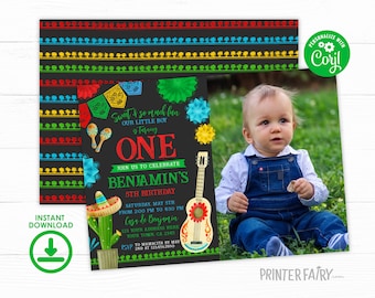 Fiesta First Birthday Party Invitation with Photo, Editable Mexican Fiesta Invitation, Fiesta Decorations, Cinco de Mayo Birthday, Mexican