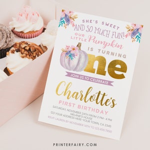 Little Pumpkin First Birthday Invitation, EDITABLE, Little Pumpkin Birthday Party, Fall Invitation, Floral, EDIT YOURSELF, Instant Download