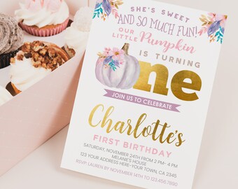 Little Pumpkin First Birthday Invitation, EDITABLE, Little Pumpkin Birthday Party, Fall Invitation, Floral, EDIT YOURSELF, Instant Download