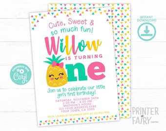 Pineapple First Birthday Invitation, EDITABLE, Pineapple Birthday Party, Luau Invitation, Pineapple Invite, EDIT YOURSELF, Instant Download