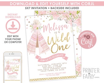 Wild One Invitation, EDITABLE, Teepee Birthday Invitation, Floral Wild One First Birthday, Boho, DIGITAL, Instant Download