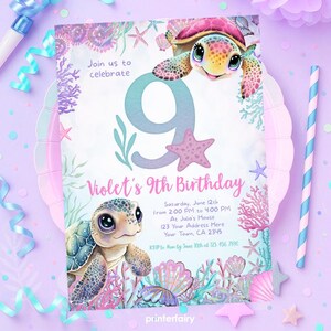 May include: A birthday invitation featuring two cartoon sea turtles, coral, and starfish. The invitation is for a 9th birthday, with the name "Violet" and event details. The design includes shades of pink, blue, and purple.