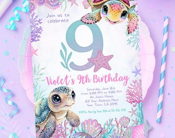 Sea Turtle 9th Birthday Invitation, Under the Sea Party (Instant Download)