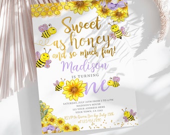 Bee 1st Birthday Invitation, Editable, Honey Bee Invitation, Bee Birthday Party, Sunflower Bee, Beeday Invitation, Instant Download