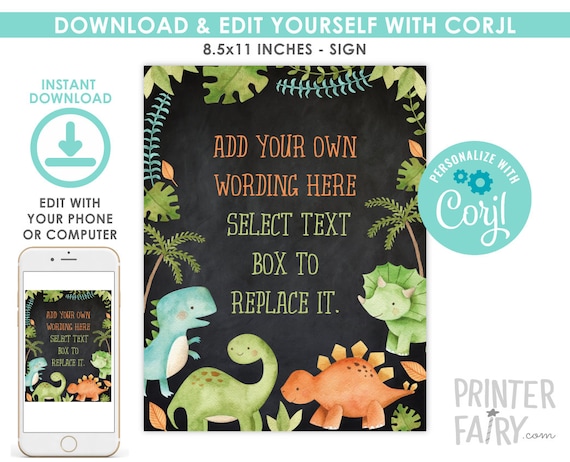Dinosaur Sign, EDITABLE, Dinosaur Birthday Party, Dinosaur Birthday Decorations, Create your own sign, INSTANT DOWNLOAD Il_570xn