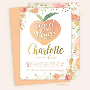 Pfirsich erste Geburtstagseinladung, BEARBEITBAR, süß wie ein Pfirsich, Pfirsich 1. Geburtstag, Blumeneinladung, Mädchen-Geburtstag einladen, INSTANT DOWNLOAD