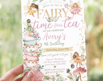 Editable Time Four Tea Partea 4th Birthday Invitation Fairytale Birthday Invite Autumn Garden Fairy Tea Party Floral for Girl Magical Party