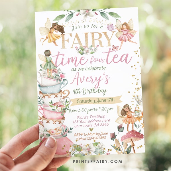 Editable Time Four Tea Partea 4th Birthday Invitation Fairytale Birthday Invite Autumn Garden Fairy Tea Party Floral for Girl Magical Party