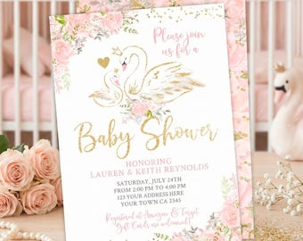 Swan Baby Shower Invitation Editable Template, INSTANT DOWNLOAD