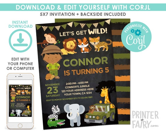 Safari Invitation, Jungle Birthday Invitation, EDITABLE, Safari Party, Outdoor Birthday, Digital Printable Invitation, Instant Download Il_570xn