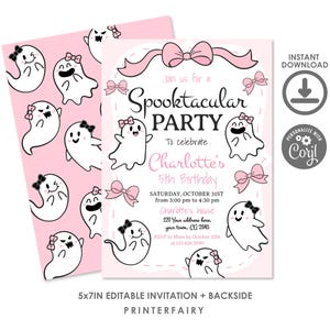 Spooktacular Party Pink Halloween Coquette Ghost Birthday Invitation Editable Template, Instant Download image 2