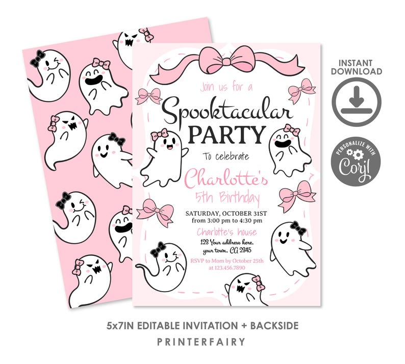 Spooktacular Party Pink Halloween Coquette Ghost Birthday Invitation Editable Template, Instant Download image 2