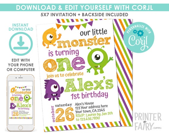 Little Monster First Birthday Invitation, EDITABLE Halloween Birthday Invitation, Halloween Party, DIGITAL Instant Download Il_570xn
