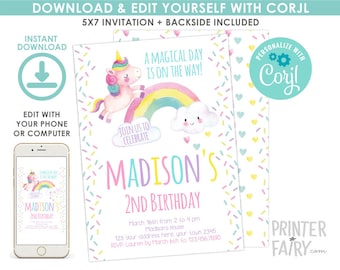 Unicorn Birthday Invitation, EDITABLE, Rainbow Birthday Party, Sprinkles Invitation, Unicorn Birthday Party, EDIT YOURSELF Digital Invite