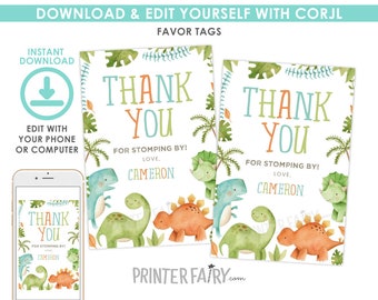 Dinosaur Favor Tags, EDITABLE, Dinosaur Birthday Party, Dinosaur Thank You Tags, EDIT YOURSELF Digital Invite, Instant Download