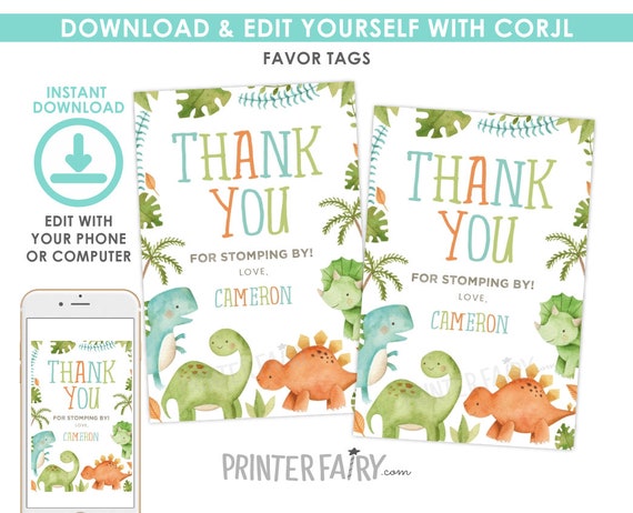 Dinosaur Favor Tags, EDITABLE, Dinosaur Birthday Party, Dinosaur Thank You Tags, EDIT YOURSELF Digital Invite, Instant Download Il_570xn