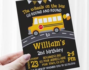 Wheels on the Bus Invitation, EDITABLE, School Bus Invitation, Yellow Bus Invitation, DIGITAL, Instant Download