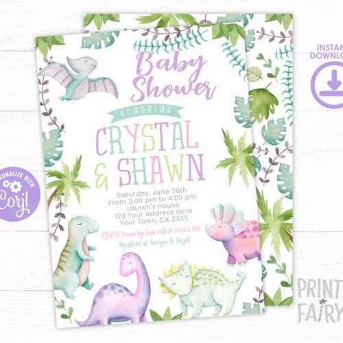 Girl Dinosaur Baby Shower Invitation Editable Dinosaur Shower Etsy