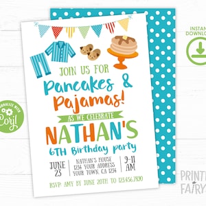 Pancakes and Pajamas Birthday Invitation, EDITABLE Invite, Pajama Party Invitation, Slumber Party Invitation, INSTANT DOWNLOAD