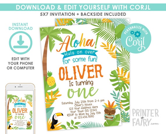 Luau Invitation, EDITABLE, Beach Birthday Party, Luau 1st Birthday, Luau BirthdayParty, Tropical Invitation, EDIT YOURSELF Digital Invite Il_570xn