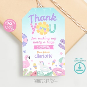 Pool Birthday Party Favor Tags, EDITABLE, Summer Birthday Party, Splish Splash, Swimming Pool Party, Flamingo Float, Summer, PoolPartyPastel
